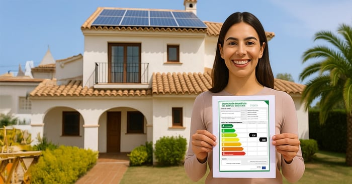 Image of a Spanish villa with lady holding a CEE certificate