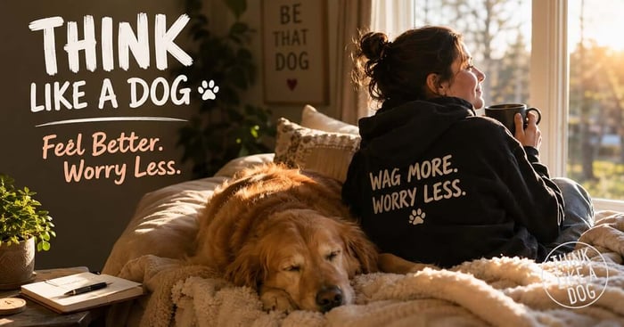 A woman in a black Wag More. Worry Less. hoodie sits in golden morning light holding a mug, a golden retriever asleep on the blanket beside her. Overlaid brand lockup reads THiNK LiKE A DOG — Feel Better. Worry Less.