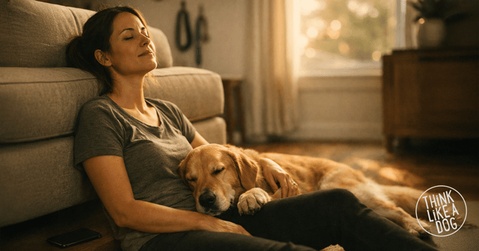 Overwhelmed dog parent taking a quiet reset on the floor while her golden retriever naps in her lap, THiNK LiKE A DOG logo in corner.