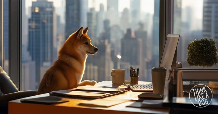 A happy dog in a floral bandana sits at an outdoor café table with coffee and a briefcase, embodying 