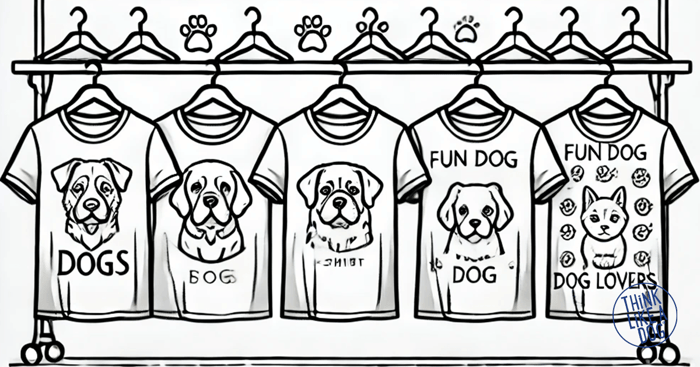 Illustration of a display rack filled with dog-themed t-shirts, featuring various designs such as paw prints, dog faces, and fun slogans, accompanied by the text 'Dog-Themed Shirts: A Guide for Dog Lovers' from THiNK LiKE A DOG.