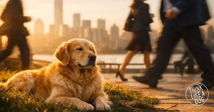 Golden retriever resting calmly in a sunlit city park while blurred businesspeople hurry past, illustrating the contrast between hustle culture and the calm “think like a dog” philosophy.