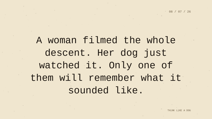 Cream typewriter-paper background with the closing paragraph centered in monospace ink: 'A woman filmed the whole descent. Her dog just watched it. Only one of them will remember what it sounded like.' Dated 08/07/26. THiNK LiKE A DOG wordmark in the