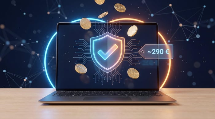 prix de la certification CCNA, un badge Cisco au-dessus d'un ordinateur portable avec des pièces d'or et une étiquette de prix