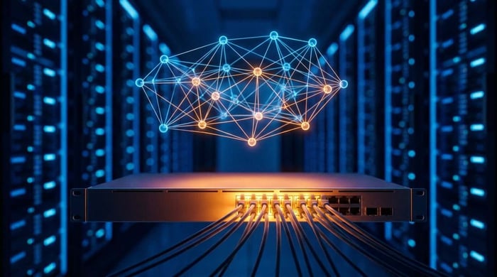 réseau datacenter, un switch orange au cœur d'une allée de datacenter avec un fabric réseau lumineux