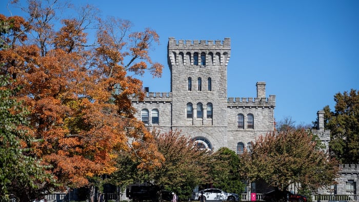 Manhattanville University's Reid Castle nested in trees with fall leaves