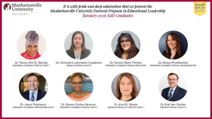 8 headshots of Manhattanville University doctoral alumni smiling