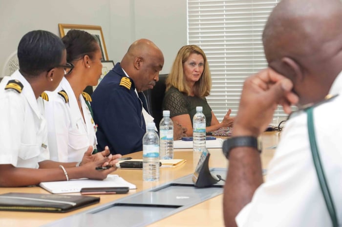 Dr. Samantha Ross pays courtesy call on Commodore King to discuss tackling gender-based violence