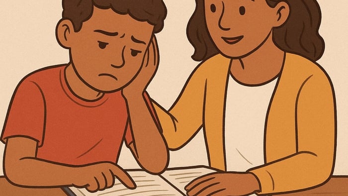 Young student looking discouraged while reading a book with teacher