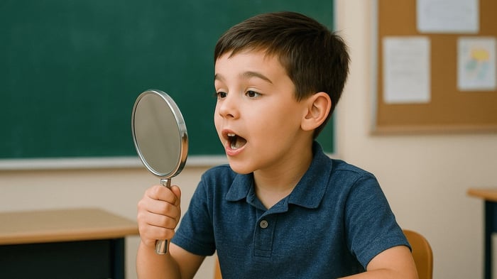 Child spoeaking while looking into a mirror