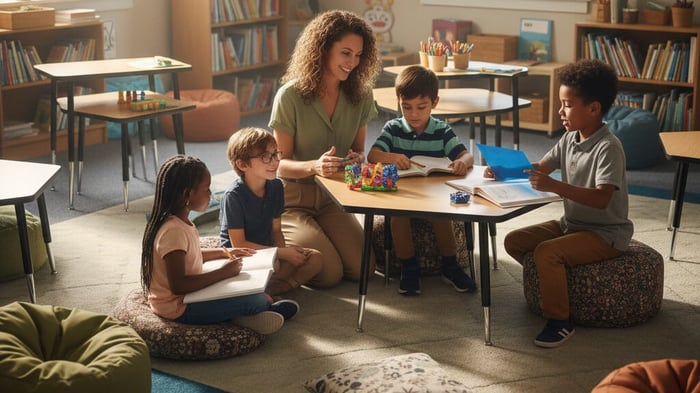Teacher kneeling at low classroom table with four students