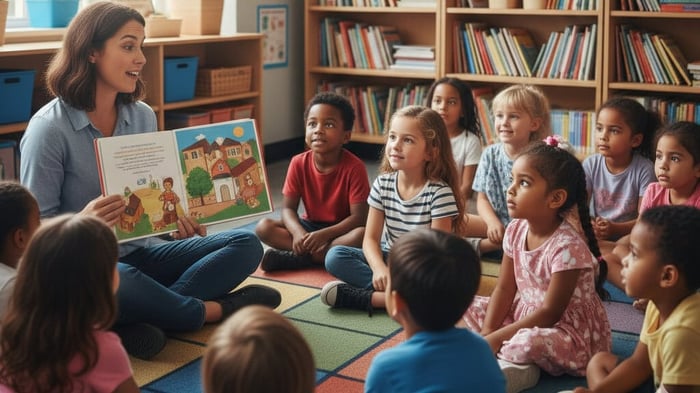 Teacher holding book and reading aloud to group of children seated on floor