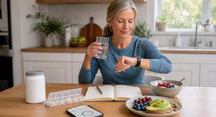 Woman practicing a slow morning wellness ritual with skincare, water, sunlight, and calming self-care essentials