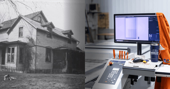 split image showing original Blackburn house and modern digital printing workstation