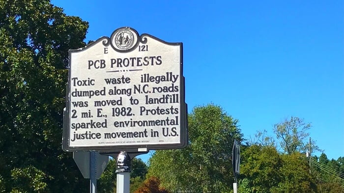 Historical Marker for PCB landfill protests which impacted water, in Afton, North Carolina / Image Credit Wikimedia