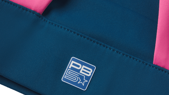 Close-up of a fabric with a logo that reads PB5Star in white text on a blue square.