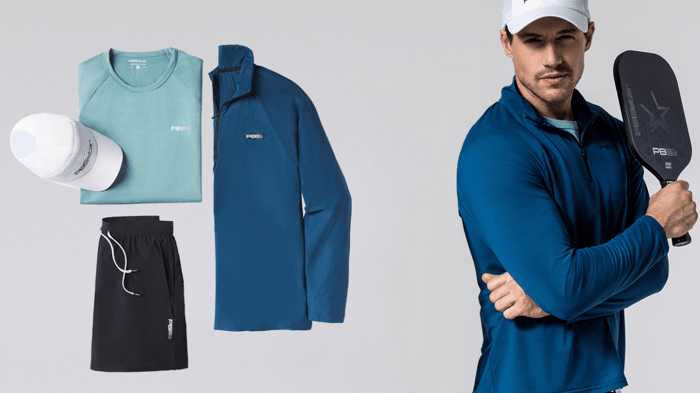 Pickleball player next to apparel