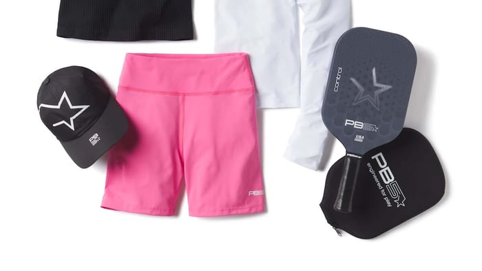 layout of trendy pickeball clothes and gear