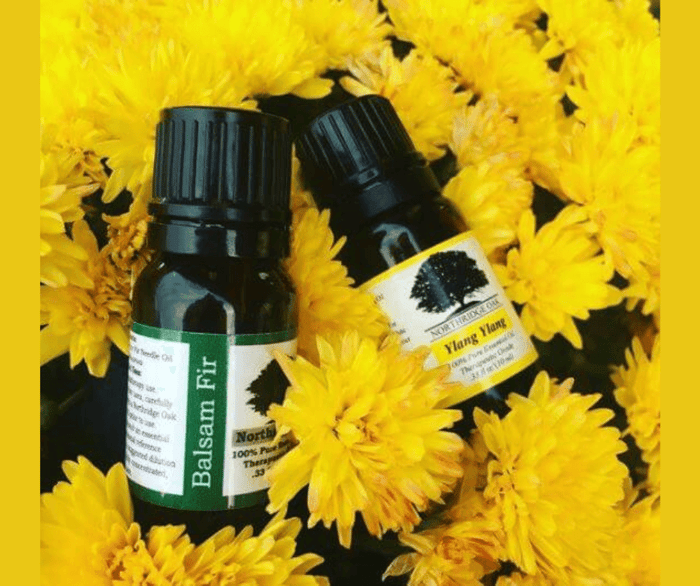 Balsam Fir Essential Oil paired with Ylang Ylang Essential Oil on a bed of flowers