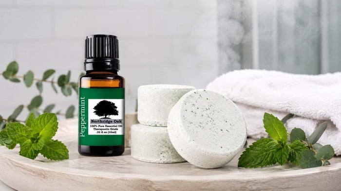 Northridge Oak peppermint essential oil with handmade shower steamers, eucalyptus, and fresh peppermint on a spa-style tray