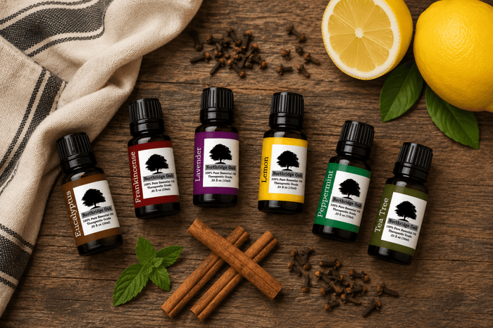 Northridge Oak essential oils for beginners with lavender, peppermint, lemon, eucalyptus, frankincense and tea tree