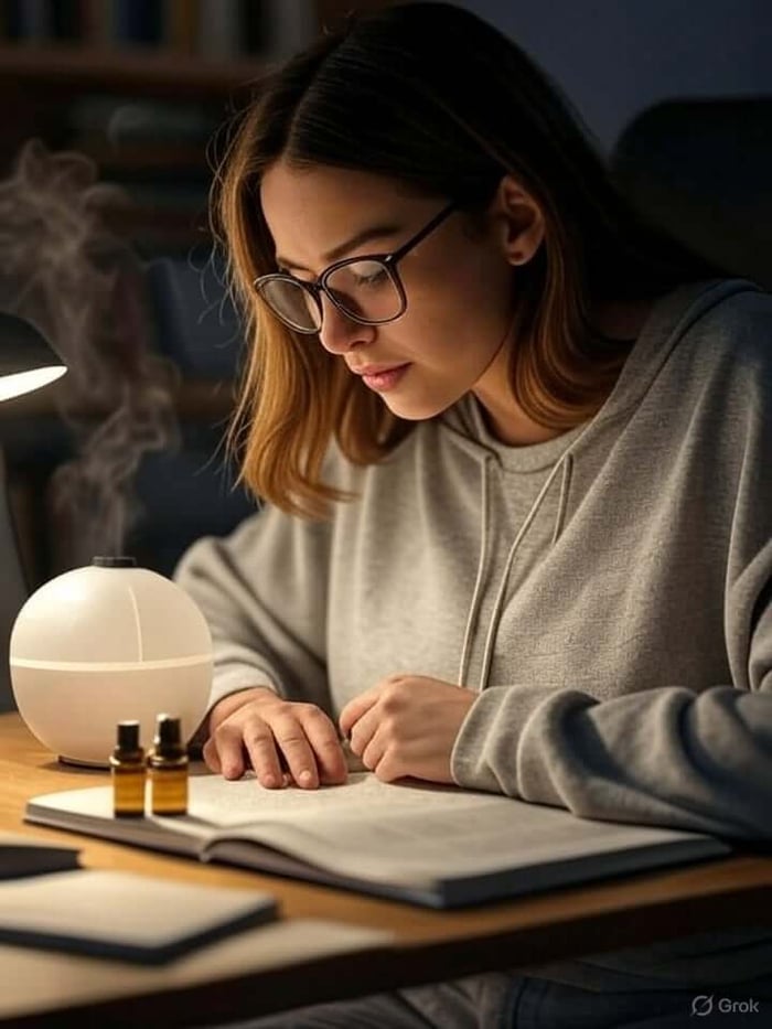 A young woman with shoulder-length wavy brown hair, wearing black-rimmed glasses and a low-cut gray hoodie that accentuates her large breasts and shows cleavage, intently studies from an open textbook at a wooden desk in a brightly lit study room.