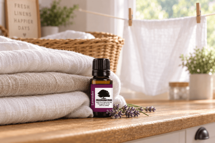 Northridge Oak Lavender Essential Oil for laundry beside fresh folded linens and a wooden clothespin diffuser