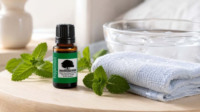 Northridge Oak peppermint essential oil, fresh mint, and a cool compress arranged for a calming self-care ritual