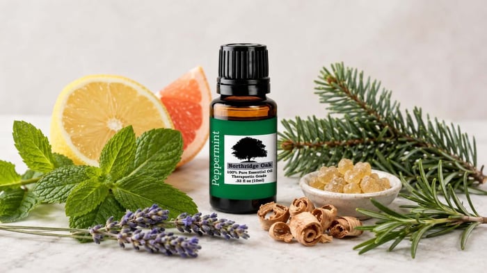 Northridge Oak peppermint essential oil surrounded by citrus, lavender, rosemary, cedar, fir, and frankincense blending ingredients
