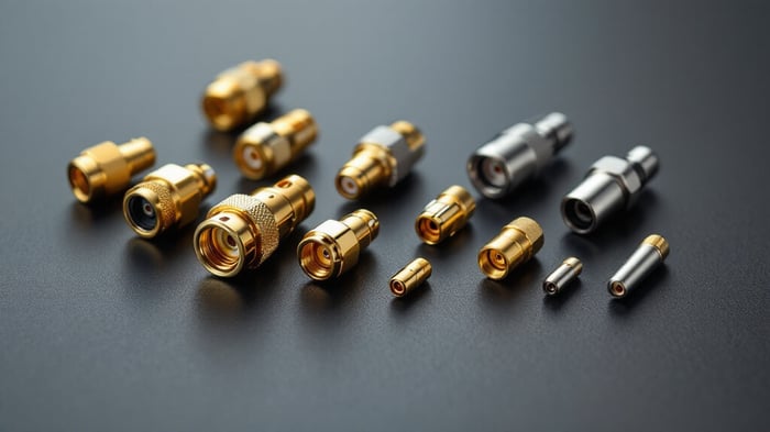 Array of RF antenna connectors — SMA, RP-SMA, N-type, TNC, BNC, U.FL and MHF4 — in gold and nickel plating