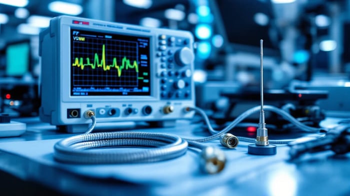 RF test bench with a vector network analyzer showing a VSWR return-loss sweep, a coaxial antenna cable with SMA connector, and an omnidirectional antenna