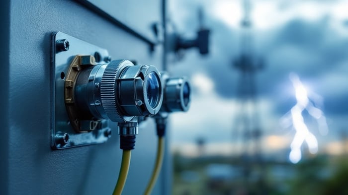 Coaxial RF lightning surge protector with N-type connectors mounted on a grounded outdoor equipment panel at a communications tower, bonded to a copper ground bar