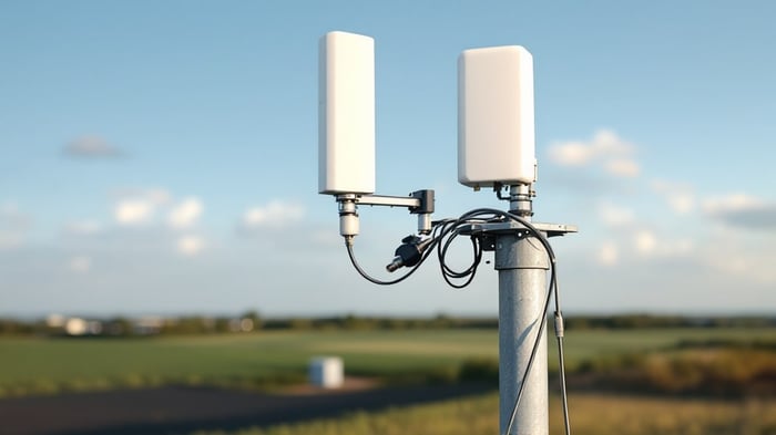 Outdoor fiberglass omnidirectional LoRa antenna and directional Yagi mounted on a galvanized steel pole for an industrial IoT LoRaWAN deployment