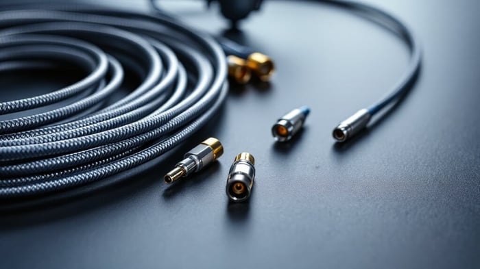 Assortment of RF antenna cables — LMR-400, RG-174 and U.FL coax — terminated with SMA, N-type and RP-SMA connectors on a workbench