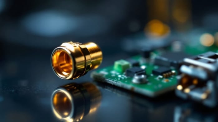 Macro photo of a U.FL / IPEX MHF1 micro-coaxial connector crimped on 1.13mm coax and seated on a PCB jack next to a WiFi module