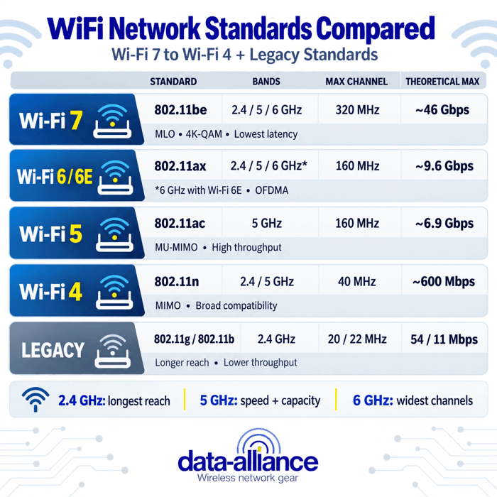 Wi-Fi Network Standards Compared: 802.11ax, ac, n, g, b (Wi-Fi 7 to Wi-Fi 4)