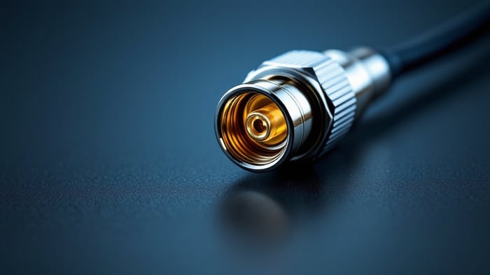 Close-up of an SMA RF coaxial connector with gold-plated center pin and threaded coupling nut terminated on a coax cable