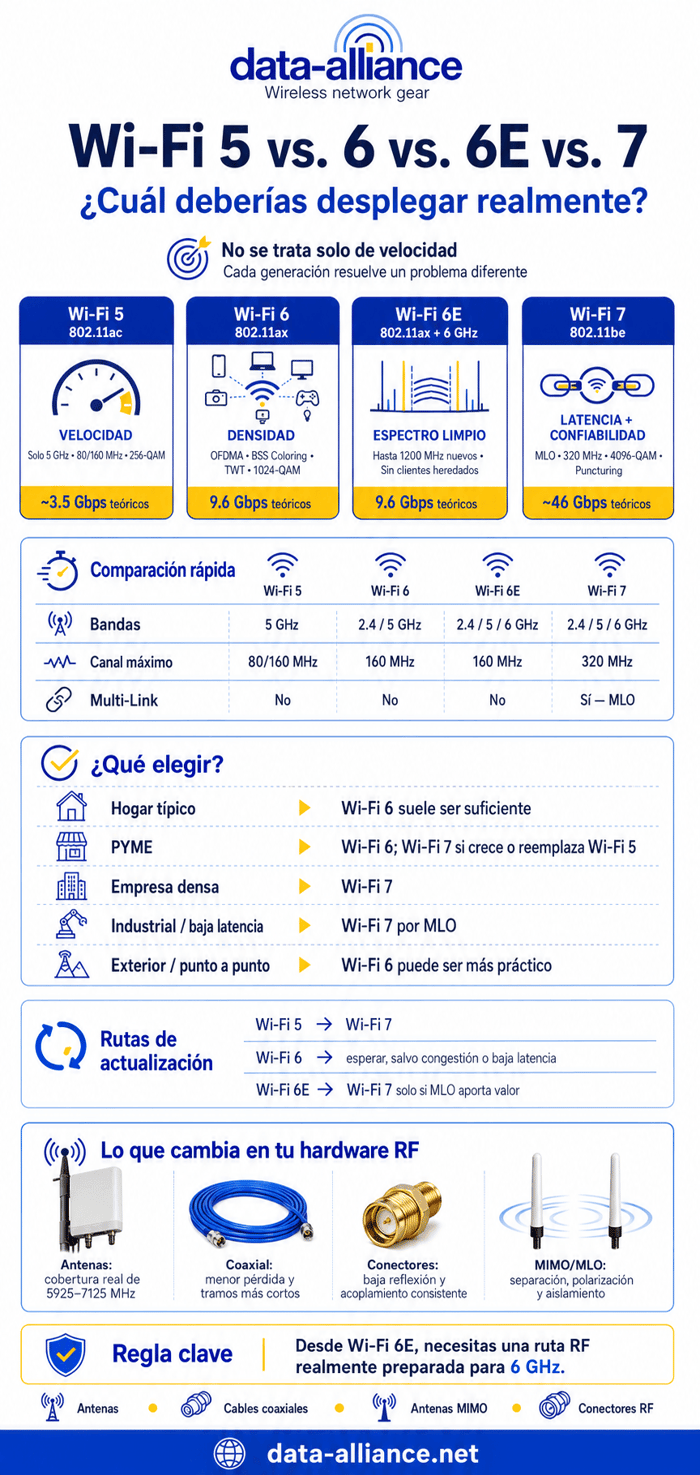 Wi-Fi 5 vs. Wi-Fi 6 vs. Wi-Fi 6E vs. Wi-Fi 7: ¿Cuál deberías desplegar realmente?