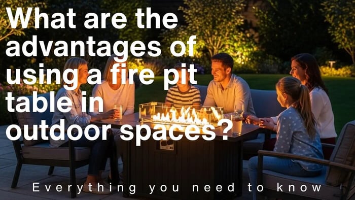 A family of six, including adults and children, gathers around a lit fire pit table on a stone patio in a cozy backyard at dusk. The fire pit, a central feature, casts a warm glow on their faces as they converse and enjoy beverages. The surrounding g