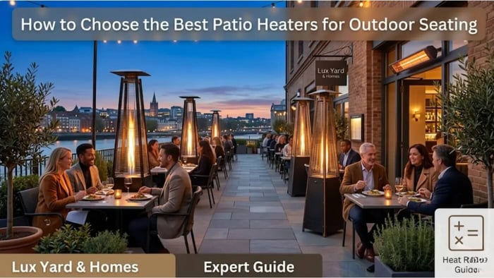 Luxury outdoor restaurant patio featuring Radtec pyramid flame patio heaters and wall mounted infrared heating to maximize guest comfort and table turnover during the evening.