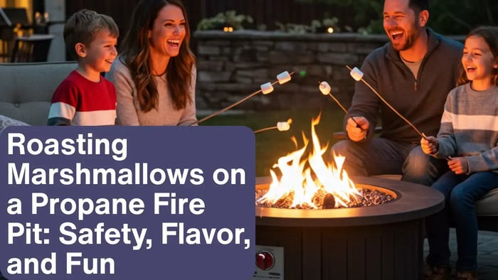 family of four sitting around a black round propane fire pit table outside and roasting marshmallows