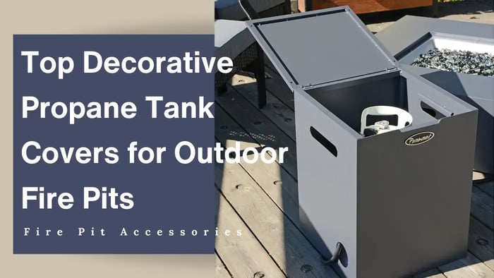 A gray, rectangular propane tank cover with its lid open, revealing a propane tank inside, is shown alongside a dark blue square with the text 