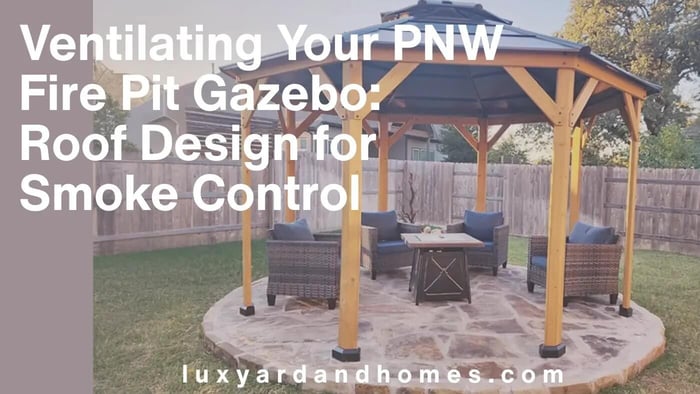A photo shows a gazebo with a firepit and outdoor seating on a stone patio. Text overlayed on the image reads 