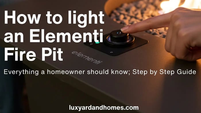 A close-up shot of a hand pressing the ignition button on an Elementi fire pit control panel. Flames and lava rocks are visible in the background.