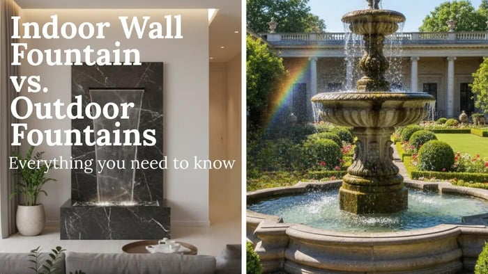 A promotional banner image split into two halves, comparing indoor and outdoor fountains. The left side features a modern indoor living space with a sleek, dark marble wall fountain and the text 