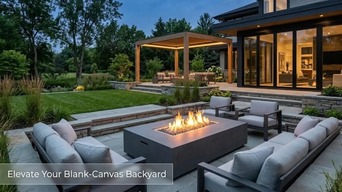 grand luxury fire pit in a backyard in the middle of 4 seated sofas in a outdoor living room