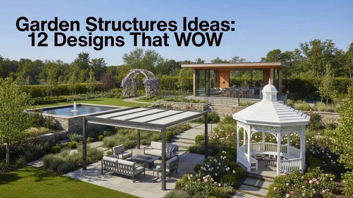 Multiple garden structures including pergolas, gazebos, and pavilions in luxury landscape design