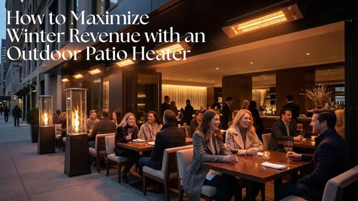 people dining on a high street sitting outside a resturaunt under outdoor patio heater