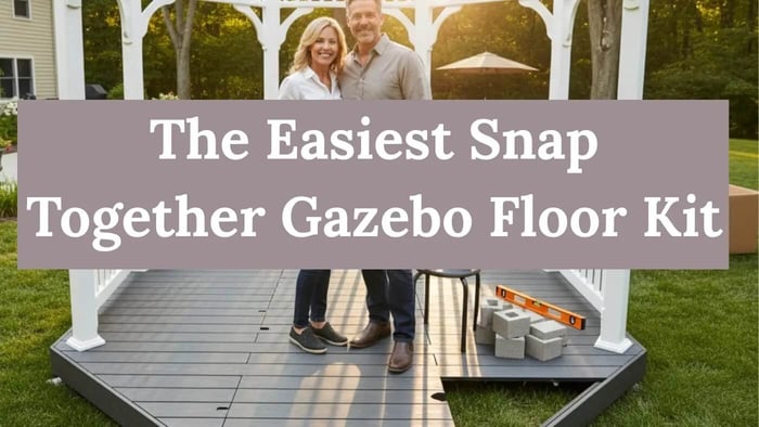 grey composite gazebo floor kit in the process of getting laid in a backyard