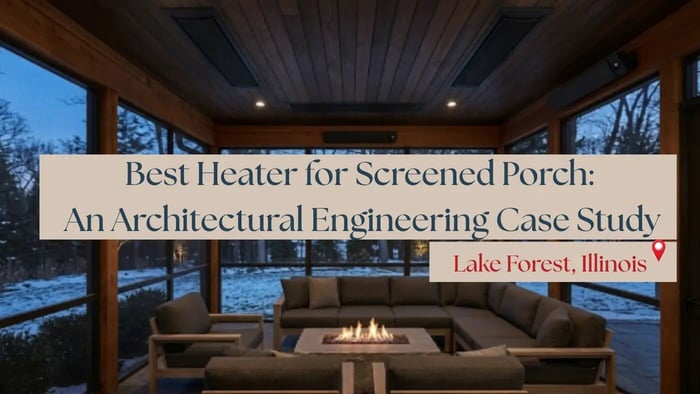 Luxury Lake Forest screened porch at twilight featuring a dark cedar tongue and groove ceiling with two flush-mounted matte black RADtec zero light electric patio heaters providing invisible infrared warmth without harsh glare.